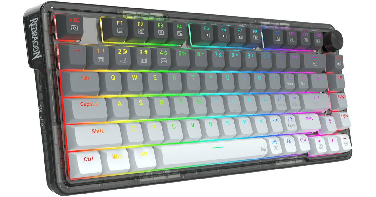 كيبورد ميكانيكي Redragon K673GG PRO 75% Wireless Gasket RGB Gaming Keyboard, 3-Modes 81 Keys Compact Hot-Swap Socket, Dedicated Knob Control and Sound Absorbing Pads, Linear - Red Switch