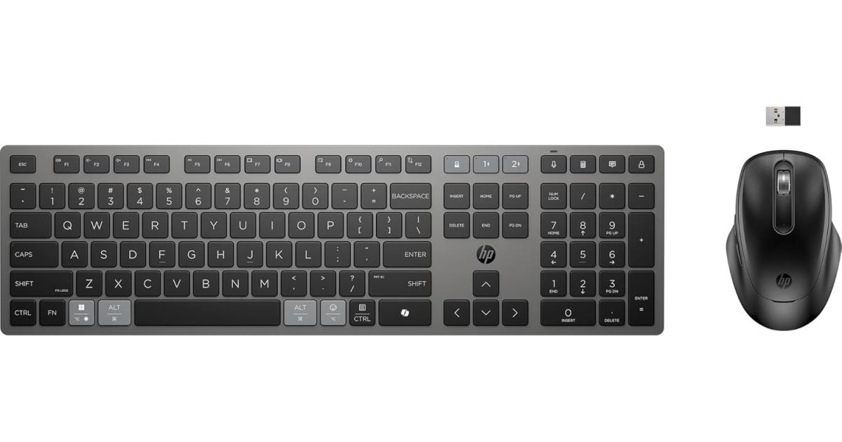 كيبورد لاسلكي HP 725 Multi-Device Rechargeable and Mouse Combo , up to 2 Months (Keyboard) 30 Days (Mouse) of Usage From a 3-Minute Charge