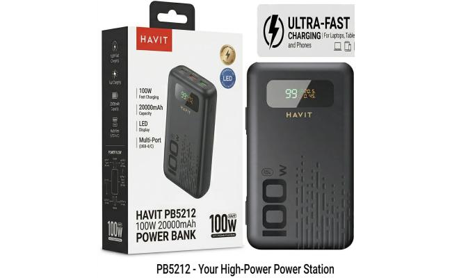 HAVIT PB5212 Power Bank 20000mAh 100W Fast Charging , Multiple USB C Outputs, USB A , Smart Digital Display, Secure & Stable Charging for Laptops & Handheld , Smartphones, Tablets & Travel - Black