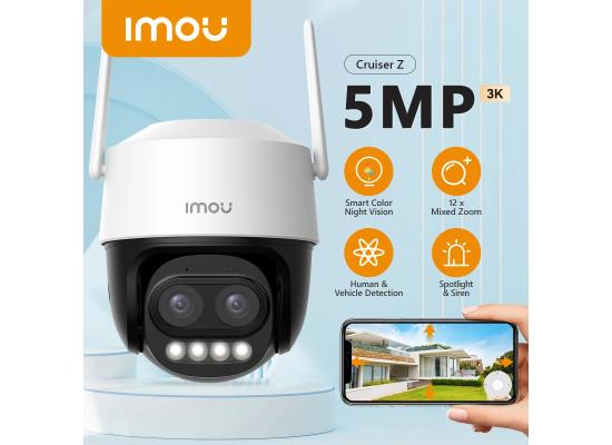Imou Cruiser Z 5MP Wi-Fi Security Camera, 12x Mixed Zoom PTZ Camera with Dual Lens, H.265, Human & Vehicle Detection, Smart Tracking, 4-Mode Night Vision, IP66 Waterproof, 2-Way Talk, Supports SD/NVR