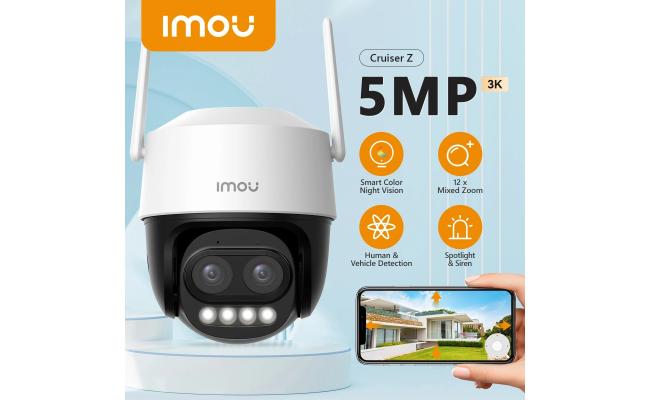 Imou Cruiser Z 5MP Wi-Fi Security Camera, 12x Mixed Zoom PTZ Camera with Dual Lens, H.265, Human & Vehicle Detection, Smart Tracking, 4-Mode Night Vision, IP66 Waterproof, 2-Way Talk, Supports SD/NVR