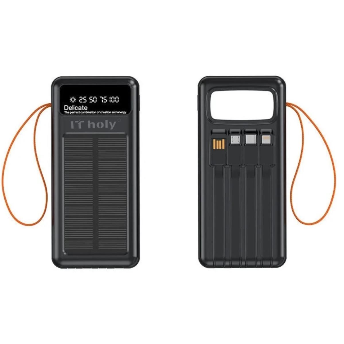 IT Holy B53 Solar Power Bank 50000mAh, 10W Charging | Solar Panel Portable Charger with 4 built-in cables | Digital Display LED Torch | Compatible with Smartphones Tablets - Black