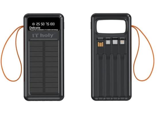 IT Holy B53 Solar Power Bank 50000mAh, 10W Charging | Solar Panel Portable Charger with 4 built-in cables | Digital Display LED Torch | Compatible with Smartphones Tablets - Black product thumbnail 2