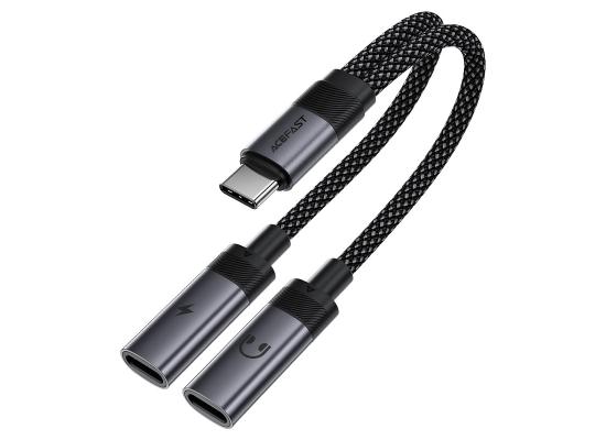 Acefast J14 - USB-C To 2x USB-C, 60W Fast Charging, Hi-Fi Audio, Aluminum Alloy, Plug & Play - Black