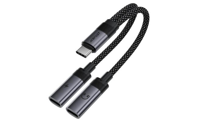 Acefast J14 - USB-C To 2x USB-C, 60W Fast Charging, Hi-Fi Audio, Aluminum Alloy, Plug & Play - Black