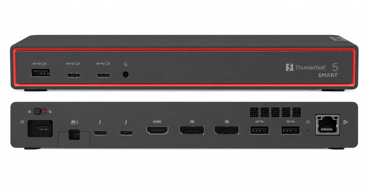 Lenovo ThinkPad Thunderbolt 5 Smart Dock 7500، نقل بيانات بسرعة 120 جيجابت في الثانية، توصيل طاقة 180 وات، دعم شاشات متعددة، إيثرنت 2.5 جيجابت في الثانية، أسود