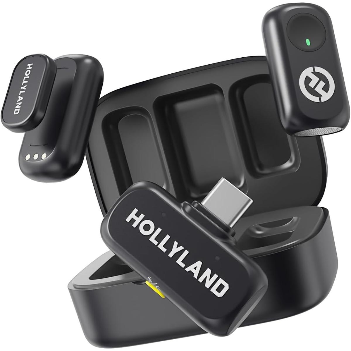 Hollyland Lark A1 Dou Wireless Microphone for iPhone 17/16/15 & Android, 48kHz/24-bit, 3-Level Intelligent Noise Cancel, Mini Mic for YouTube, Podcast, Vlogging (2TX + USB-C RX + Charging Case) - Black