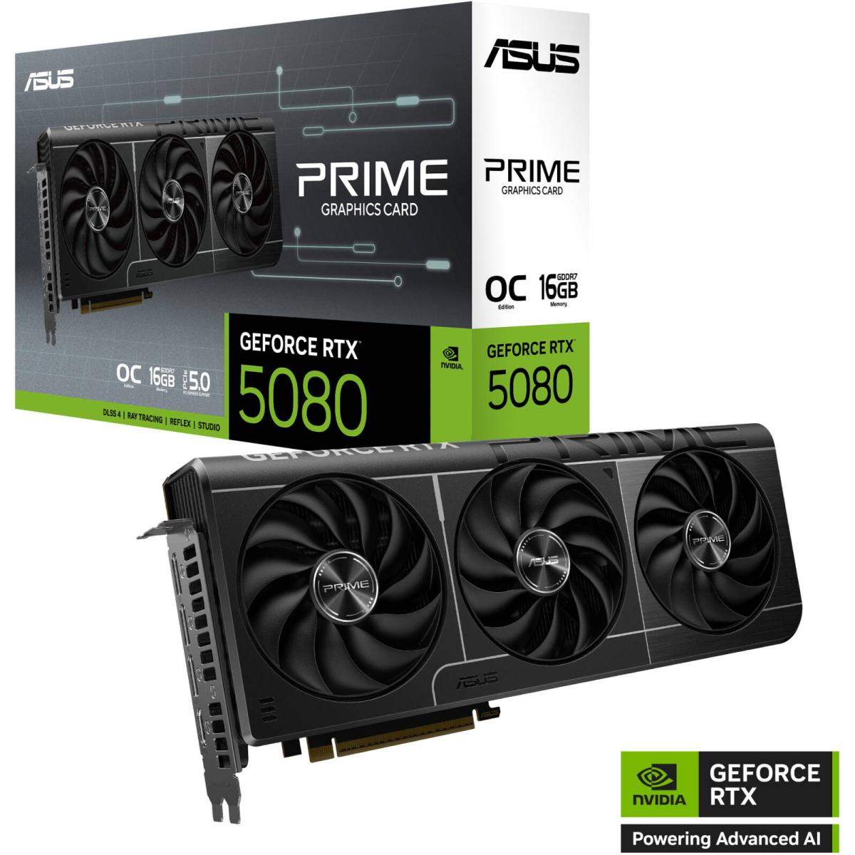 ASUS PRIME GeForce RTX 5080 16GB GDDR7 OC Edition Graphics Card, 16GB GDDR7 256-Bit Memory, 2655MHz Boost Clock, 30Gbps Memory Speed, 10752 CUDA Cores