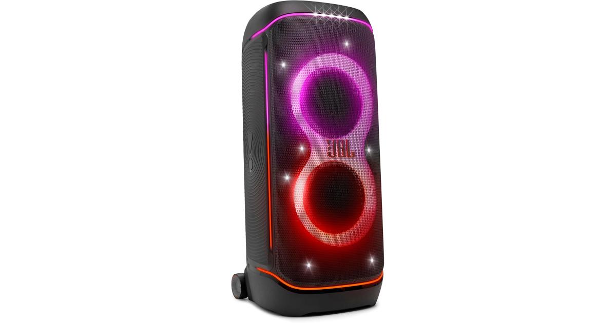 مكبر صوت بلوتوث محمول JBL PARTYBOX 720، صوت 800 وات RMS JBL Pro، عرض ضوئي مستقبلي، التحكم في تطبيقات الهاتف المحمول، بلوتوث 5.1، وقت تشغيل يصل إلى 15 ساعة، البطارية غير متضمنة، أسود