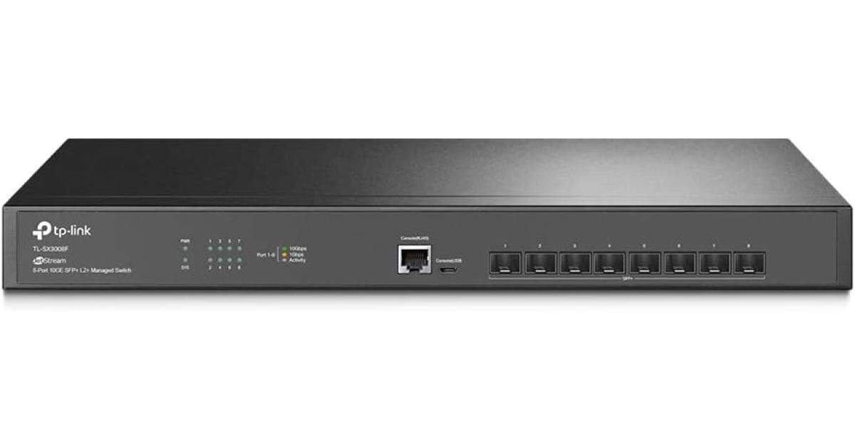 تي بي لينك اومادا TL-SX3008F | 8 منافذ 10G SFP + مفتاح مستوى المؤسسة | L2+ الإدارة الذكية | أومادا SDN متكامل | IPv6 | التوجيه الثابت | L2/L3/L4 جودة الخدمة، IGMP و LAG، أسود