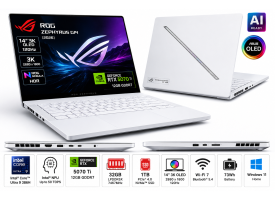 ASUS ROG Zephyrus G14 (2026) GU405AR-SY015 Gaming Laptop | Intel Core Ultra 9 386H | RTX 5070 Ti 12GB | 32GB LPDDR5X | 1TB SSD | 14" 3K OLED 120Hz | Platinum White product thumbnail 2