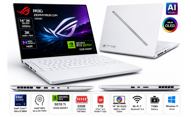 ASUS ROG Zephyrus G14 (2026) GU405AR-SY015 Gaming Laptop | Intel Core Ultra 9 386H | RTX 5070 Ti 12GB | 32GB LPDDR5X | 1TB SSD | 14" 3K OLED 120Hz | Platinum White
