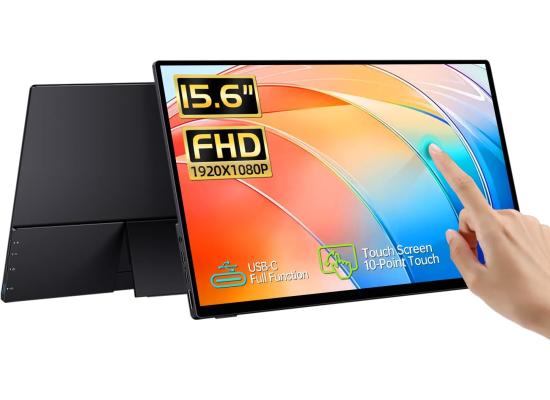 V2COM TC2 15.6'' IPS Full HD Portable Monitor Touchscreen, Tempered Glass, Travel Monitor with Kickstand & Speaker, HDMI USB C External Monitors for Mac Laptop Phone Computer