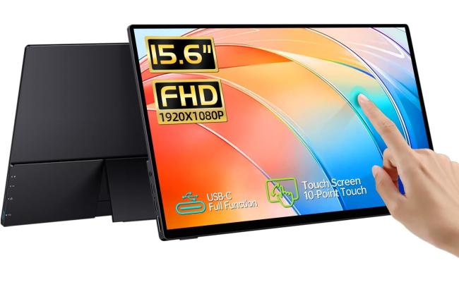 V2COM TC2 15.6'' IPS Full HD Portable Monitor Touchscreen, Tempered Glass, Travel Monitor with Kickstand & Speaker, HDMI USB C External Monitors for Mac Laptop Phone Computer