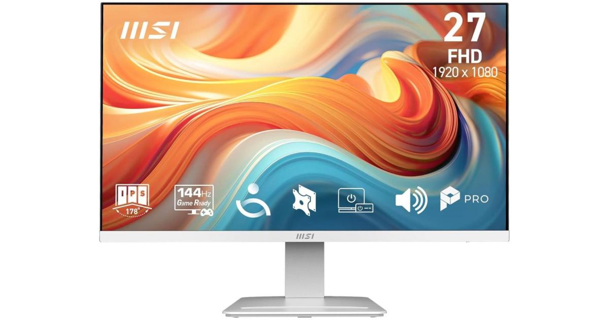 MSI PRO MP273W E14A 27 بوصة IPS Full HD 144 هرتز 1 مللي ثانية ضوء أزرق أقل PRO VESA مكبرات صوت مدمجة قابلة للتركيب وإمالة HDMI وDP - أبيض