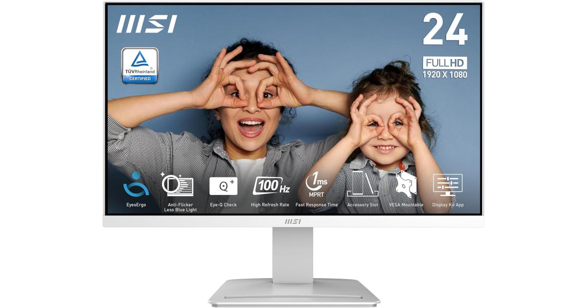MSI PRO MP2412W 24 بوصة Full HD 100 هرتز أقل ضوء أزرق PRO VESA تصميم فتحة ملحقات قابلة للتركيب وإمالة HDMI وDP - أبيض