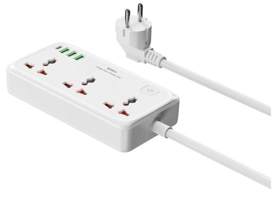 WiWU Wi-S005 7 in 1 High-Capacity Power Strip, 30W PD GaN Fast Charging Port (USB-C), 4000W Max, Output interface: 1xType-C, 3x USB-A, 3xAC - White product thumbnail 2