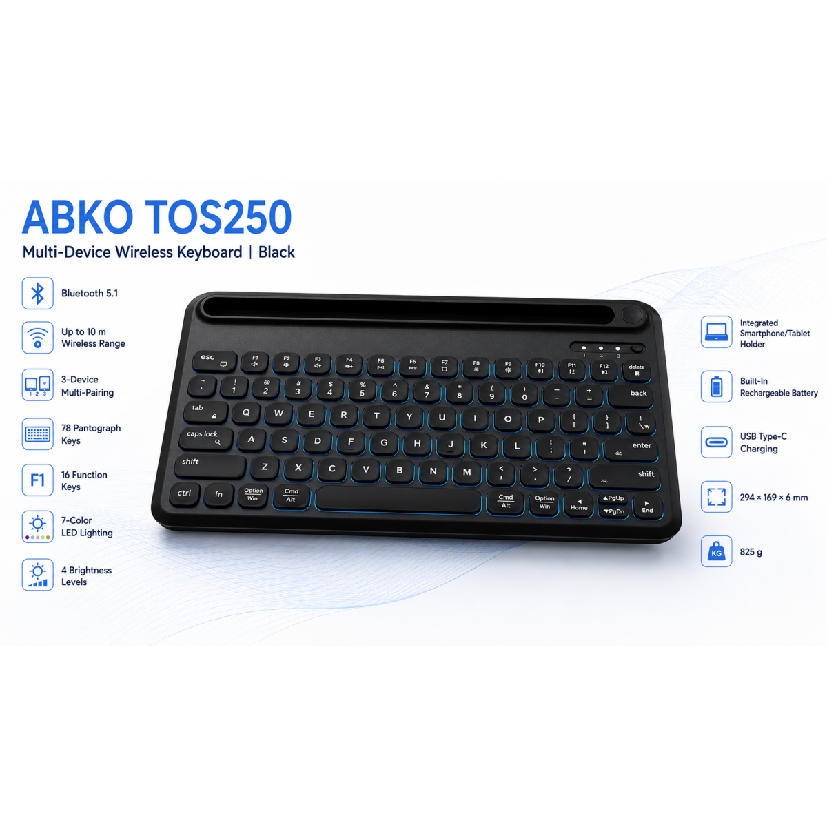 ABKONCORE TOS250 Multi-Device OS RGB BackLighting Wireless BlueTooth 5.1 Connectivity W/Type-C Charging Port-Slim 78Keys Compact KeyBoard