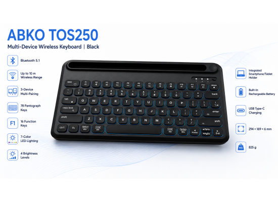 ABKONCORE TOS250 Multi-Device OS RGB BackLighting Wireless BlueTooth 5.1 Connectivity W/Type-C Charging Port-Slim 78Keys Compact KeyBoard