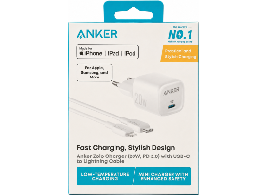 Anker Zolo 20W PD 3.0 USB-C Wall Charger with USB-C to Lightning Cable - White