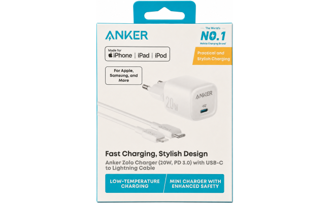 Anker Zolo 20W PD 3.0 USB-C Wall Charger with USB-C to Lightning Cable - White Anker Zolo 20W PD 3.0 USB-C Wall Charger with USB-C to Lightning Cable - White