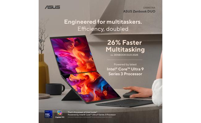 ASUS Zenbook DUO (2026) UX8407AA-SN099W Dual-Screen AI Laptop | Intel Core Ultra 9 386H | 32GB LPDDR5X | 2TB SSD | Dual 14" 3K OLED Touch 144Hz | Windows 11 Home | 90NB16V1-M008H0