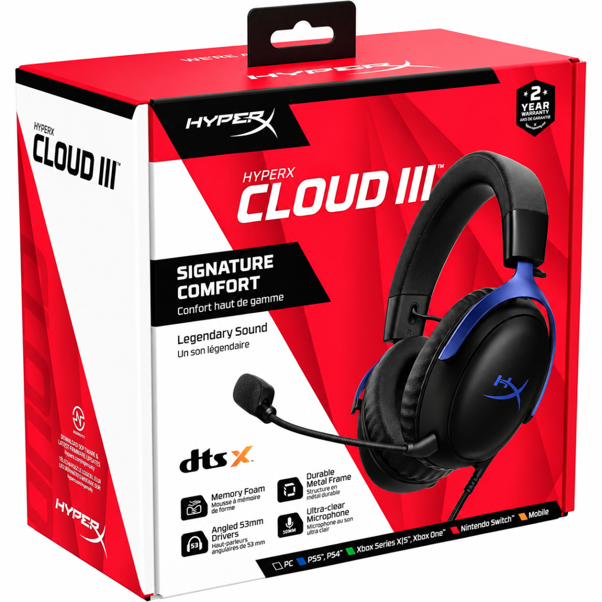 HyperX Cloud III Wired Angled 53mm Drivers DTS Memory Foam Durable Frame Ultra-Clear 10mm Mic USB-C & USB-A 3.5mm For PC, PS5, Xbox Series X|S - Blue
