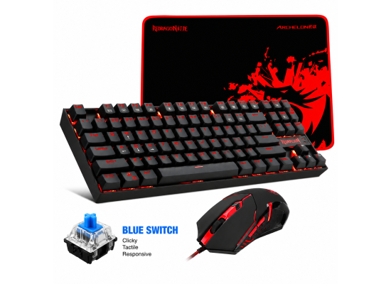 Redragon - K552-BA Mechanical Keyboard & Mouse & Large Mouse Pad Combo - 87 Key LED Backlit Adjustable Brightness and Breathing Effects - 100% Anti-Ghosting (Keyboard, Mouse, Mousepad Set) - Blue Switch