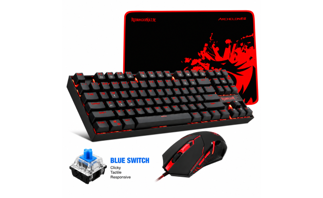 Redragon - K552-BA Mechanical Keyboard & Mouse & Large Mouse Pad Combo - 87 Key LED Backlit Adjustable Brightness and Breathing Effects - 100% Anti-Ghosting (Keyboard, Mouse, Mousepad Set) - Blue Switch