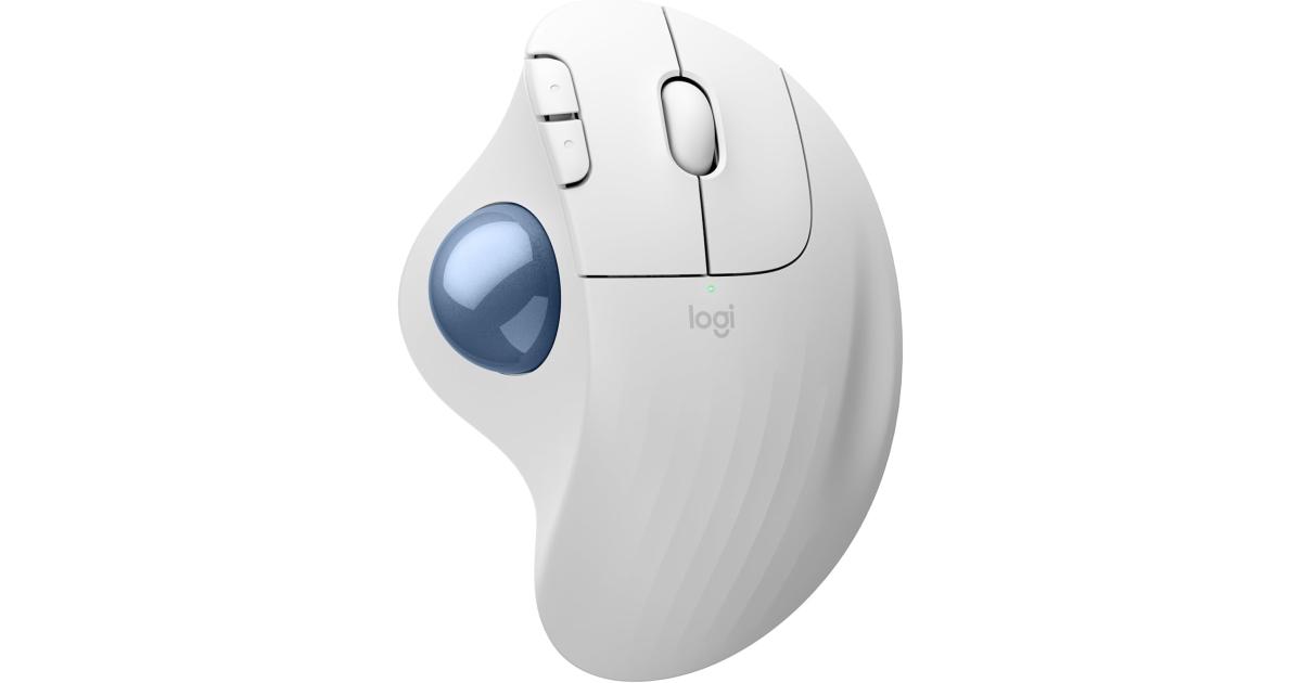 ماوس Logitech Ergo M575S Wireless Trackball , Wireless Ergonomic with Bluetooth and Encrypted Dongle, Comfortable Thumb Control, Precise and Smooth Tracking, for PC/Mac - White Blue Ball