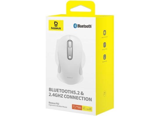 Baseus F02 Ergonomic Dual-Mode Wireless Mouse | Bluetooth 5.2 and 2.4Ghz Connectivity, Silent Buttons, 5 DPI Modes - White
