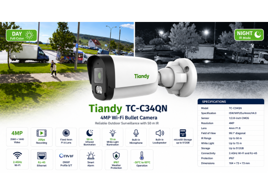 Tiandy TC-C34QN I5W/WIFI/Eu/4mm/V4.0 4MP Fixed IR Wi-Fi Bullet Camera product thumbnail 2
