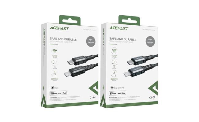 ACEFAST C7-03 1.2m 100W 5A USB-C to USB-C Fast Charging Cable Light Display Braided Data Cord - Black