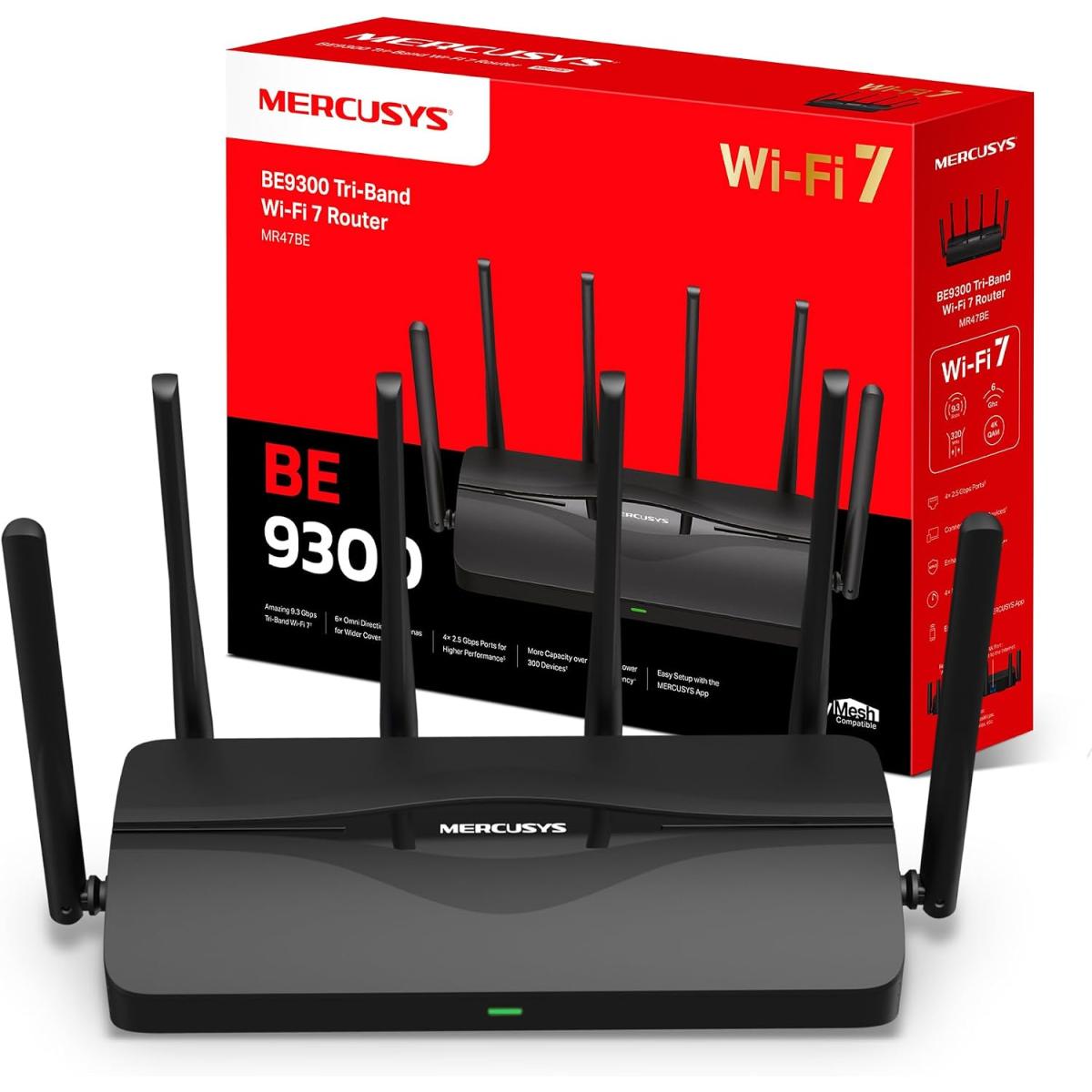 MERCUSYS MR47BE BE9300Mbps Tri-Band Wi-Fi 7 Router, 4x 2.5G LAN/WAN Ports, Blazing-Fast 9.3Gbps WiFi Router, EasyMesh-Compatible