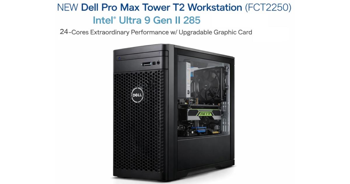 محطة عمل Dell Pro Max Tower T2 FCT2250 (2025) Intel® Ultra 9 Gen II 285 vPro 24-Cores أداء استثنائي مع بطاقة رسومات قابلة للترقية وضمان 3 سنوات - أسود