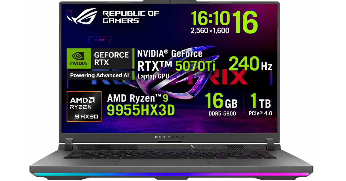 ASUS ROG Strix G16 (2025) G614FR NEW 9Gen AMD Ryzen™ 9 9955HX3D 16-Cores w/ Nvidia RTX 5070 TI 12GB DDR7 و16 بوصة IPS 2.5K 240 هرتز - أخضر فولت
