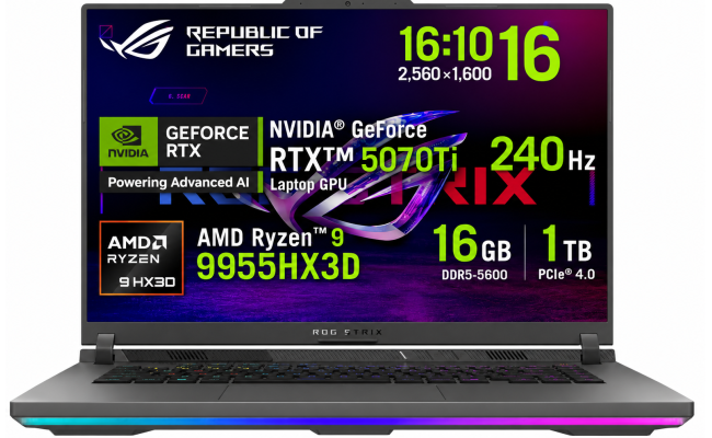 ASUS ROG Strix G16 (2025) G614FR NEW 9Gen AMD Ryzen™ 9 9955HX3D 16-Cores w/ Nvidia RTX 5070 TI 12GB DDR7 & 16" IPS 2.5K 240Hz Display - Volt Green