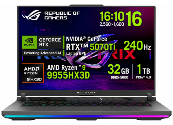 ASUS ROG Strix G16 (2025) G614FR 9Gen AMD Ryzen™ 9 9955HX3D 16-Cores w/ Nvidia RTX 5070 TI 12GB DDR7 & 16" IPS 2.5K 240Hz Display - Volt Green