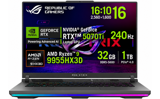 ASUS ROG Strix G16 (2025) G614FR 9Gen AMD Ryzen™ 9 9955HX3D 16-Cores w/ Nvidia RTX 5070 TI 12GB DDR7 & 16" IPS 2.5K 240Hz Display - Volt Green