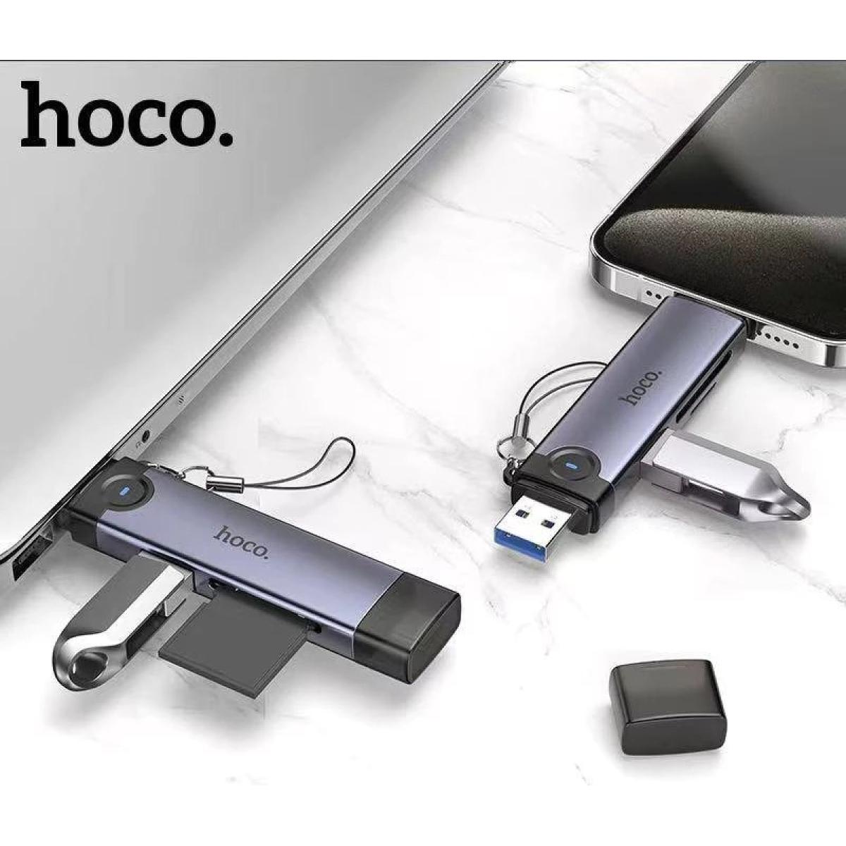 HOCO HB56A Victory 3-in-1 USB-A/iP Card Reader SD/TF 3.0 + USB 2.0 Metal Grey