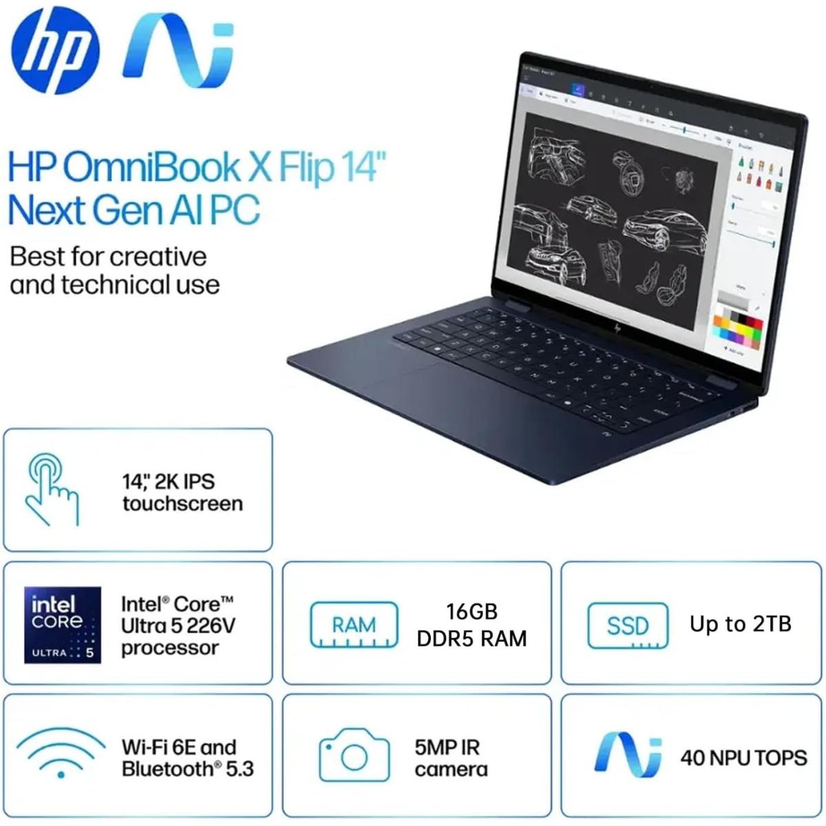 HP OmniBook X Flip 14-fm0013dx 14-inch 2K Touch Copilot+ PC Core Ultra 5 16GB 512GB - Atmospheric Blue HP OmniBook X Flip 14-fm0013dx 14-inch 2K Touch Copilot+ PC Core Ultra 5 16GB 512GB - Atmospheric Blue