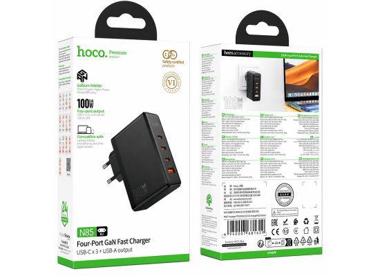 HOCO N85 Vigoroso 100W GaN 4-Port Fast Charger EU - Black