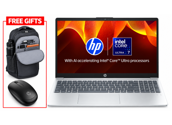 HP Laptop 15-fd1062ne (2025) Intel Core Ultra 7 155H 16-Cores w/ High-Performance Processor & Backlit Keyboard & Bundle ((HP BackPack + HP Bleutooth Mouse)) - Natural silver