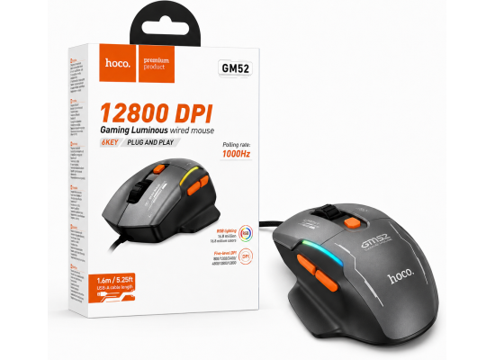 HOCO GM52 Gaming Wired Mouse 12800 DPI 1000Hz 6-Button Black/Orange
