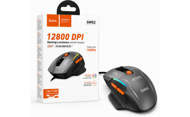 HOCO GM52 Gaming Wired Mouse 12800 DPI 1000Hz 6-Button Black/Orange