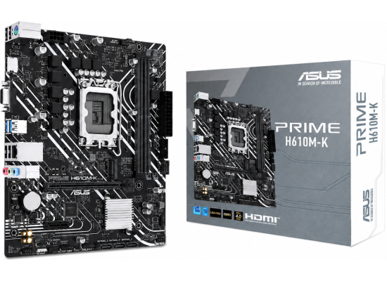 ASUS Prime H610M-K DDR5 Micro-ATX LGA 1700 Motherboard, Intel H610 Chipset, 2x DIMM DDR5 Slots, 96GB Max Memory, 1x M.2 Slot, 1x PCIe 4.0 x16 Slot, Realtek 1Gb Ethernet