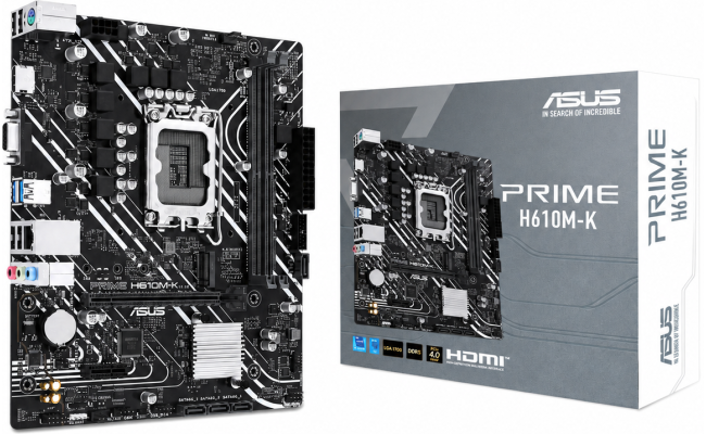 ASUS Prime H610M-K DDR5 Micro-ATX LGA 1700 Motherboard, Intel H610 Chipset, 2x DIMM DDR5 Slots, 96GB Max Memory, 1x M.2 Slot, 1x PCIe 4.0 x16 Slot, Realtek 1Gb Ethernet