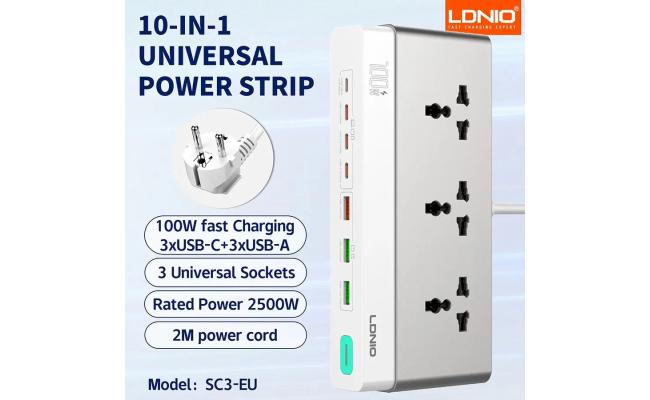 LDNIO SC3 10 in 1 GaN Power Strip 100W PD Fast Charging 2500W AC Multi Port for Desktop Home Office Use Power Extension Socket (EU) LDNIO SC3 10 in 1 GaN Power Strip 100W PD Fast Charging 2500W AC Multi Port for Desktop Home Office Use Power Extension Socket (EU)
