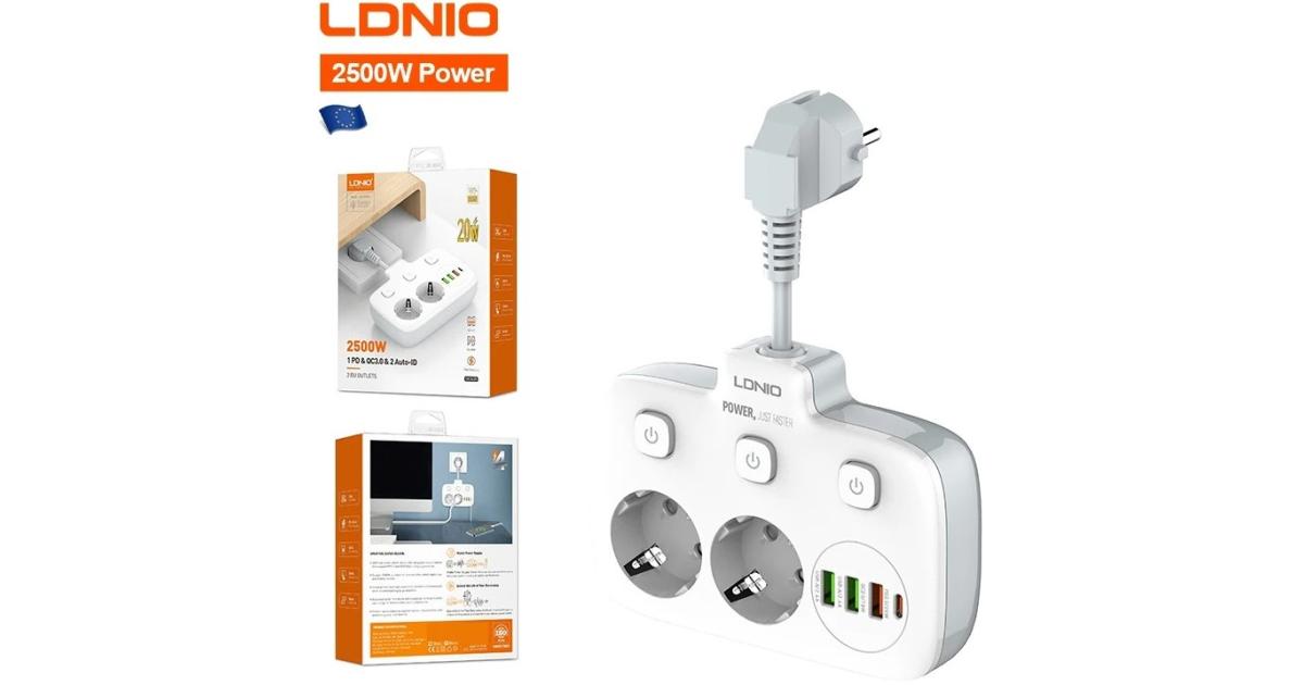LDNIO SE2435 2 منافذ تيار متردد وصلة كهربائية محمولة و20 وات USB-C PD شحن سريع وحماية متعددة الأجهزة - قابس الاتحاد الأوروبي - أبيض