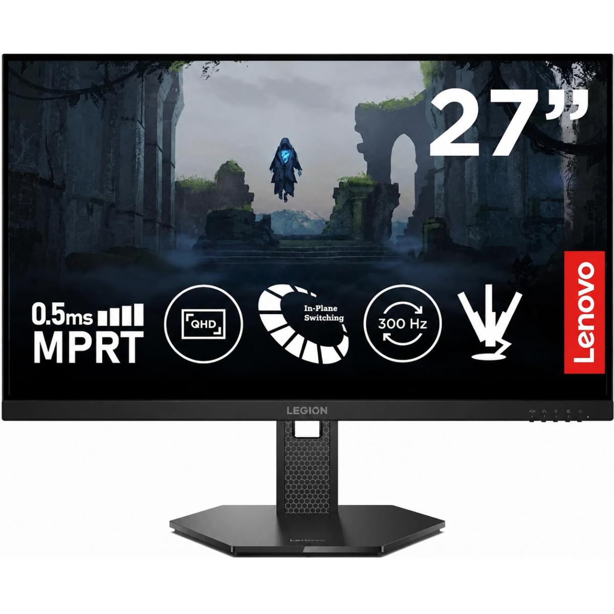 Lenovo Legion 27Q-11 27'' IPS 2K QHD 300Hz HDR10 0.5ms MPRT Gaming Monitor , 2X HDMI 2.1, DP 1.4, DP Cable, AMD FreeSync Premium Tilt/Height/Rotation/Pivot Adjustment - Black